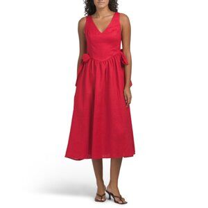 SOFIE THE LABEL Red Linen Blend Drop Waist V-neck Dress